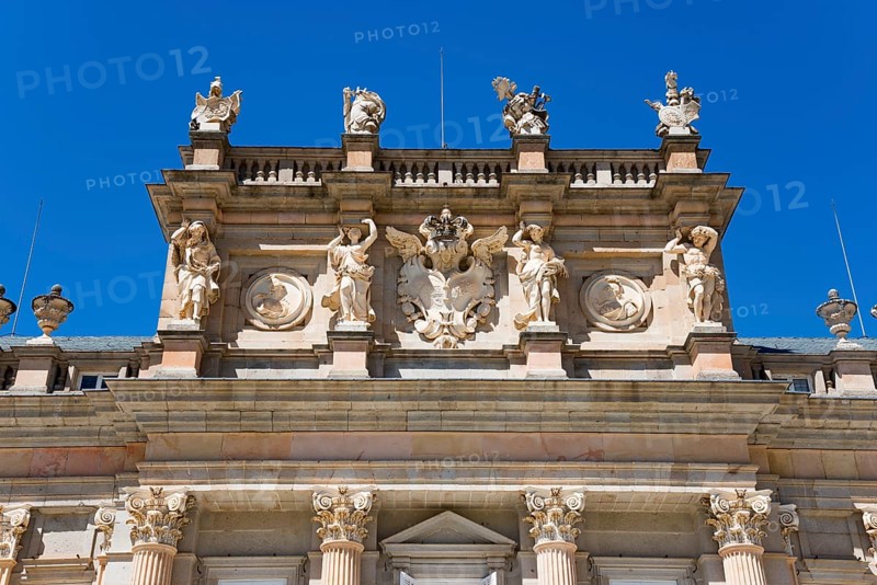 Detailed baroque façade art of a palace under a clear blue sky, Royal Castle La Granja, Palace, Palacio Real de La Granja de San Ildefonso, San Ildefonso, Segovia, Castilla y Leon, Castile and León, Spain