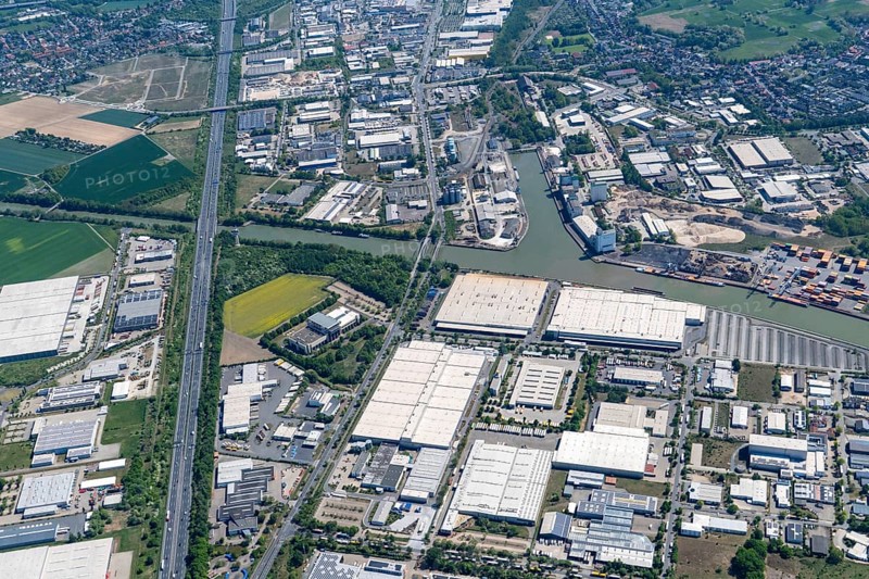 Aerial view, Mittelland Canal, traffic route, port, port of Braunschweig, commercial area, logistics, canal, motorway, railway, Lower Saxony, Germany