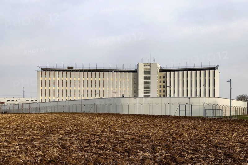 Stammheim prison, JVA. Exterior view with prison wall and barbed wire. Stuttgart, Baden-Württemberg, Germany