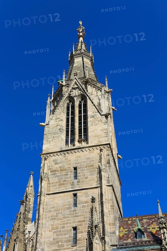 St Mary's Church Reutlingen, sacred building built from 1247 to 1343, cultural monument, Gothic church, Reformation church, Protestant church, place of worship, Christian architecture, main tower, church tower, golden angel, restored in neo-Gothic style, Reutlingen, Baden-Württemberg, Germany
