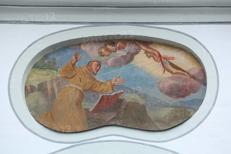 Fresco with Francis of Assisi on Mount La Verna Encounter with crucified Christ, Franciscan, monk, Franciscan monk, saint, Francis, book, seraphim, crucifix, Jesus, death, cross, adoration, handicraft, mural, painting, Assumption of Mary, monastery church, Dillingen an der Donau, Donauried, Bavaria, Germany
