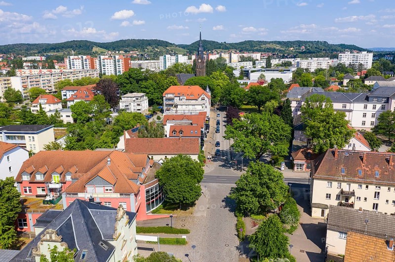 Aerial view of Wettinplatz and the New Church, in the background the new development area Dresdner Straße, Coswig, Saxony, Germany