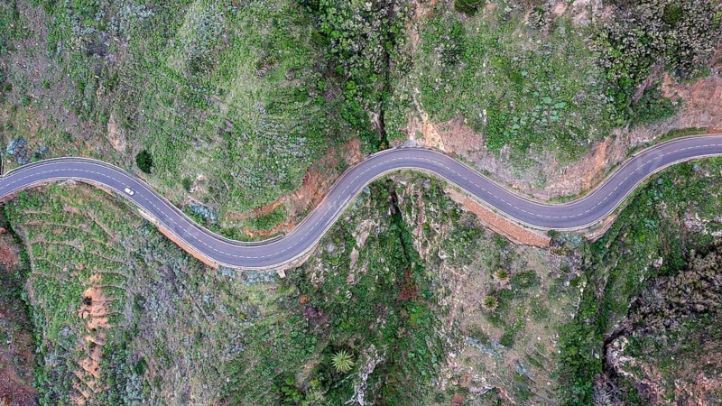 Aerial view, typical road, winding road, La Gomera, Canary Islands, Spain