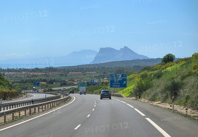 View of the Rock of Gibraltar, A7 motorway, Malaga, Spain