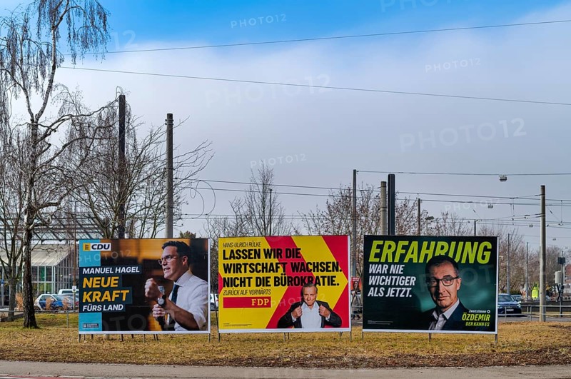 Top candidates Manuel Hagel, Hans-Ulrich Rülke, Cem Özdemir, the parties CDU, FDP, Alliance 90 The Greens, election poster, election posters, 2025 state election, Fellbach, Baden-Württemberg, Germany