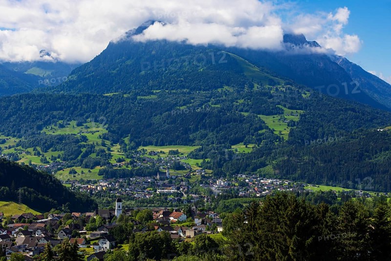 View of the village with parish church, Göfis with view to Frastanz, Walgau, Vorarlberg, Austria