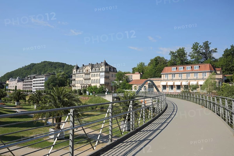 View from the Schweizerhaus Bridge over the Franconian Saale with Fürstenhof in Bad Kissingen, Rhön, Lower Franconia, Franconia, Bavaria, Germany