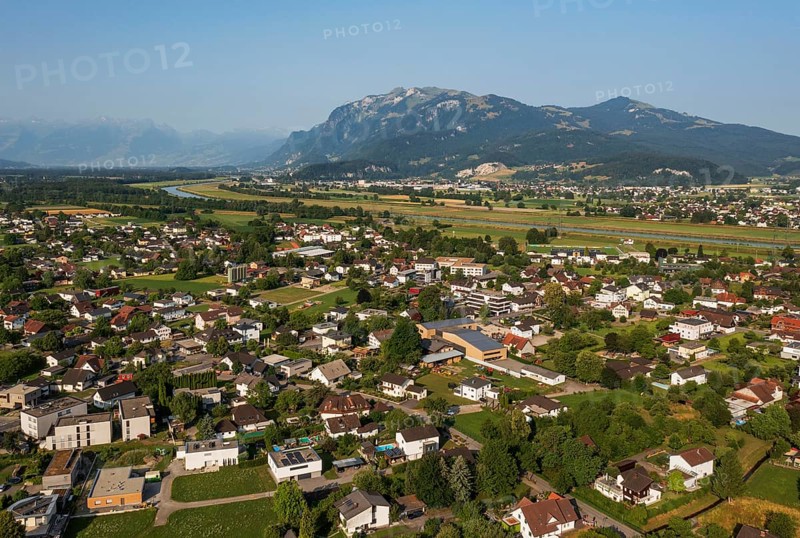 Drone image, view of town with parish church, Koblach, Rhine Valley, Vorarlberg, Austria