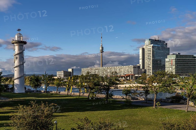 Danube Island Lighthouse, Danube Tower, Danube City and in Vienna, Austria