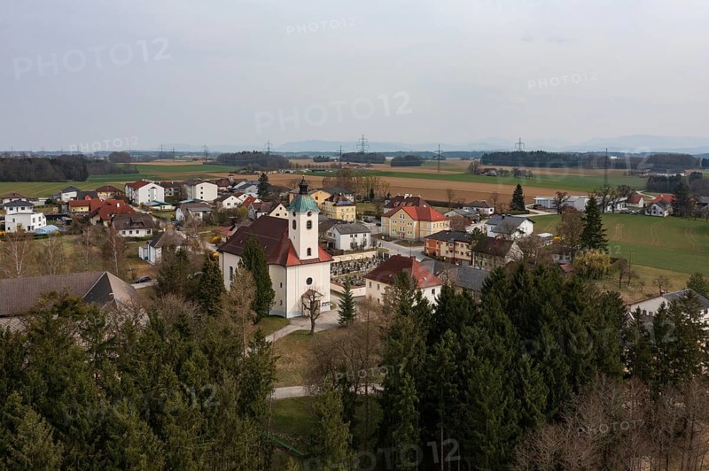 Drone shot, view of village, parish church, Schiedlberg Traunviertel, Upper Austria, Austria