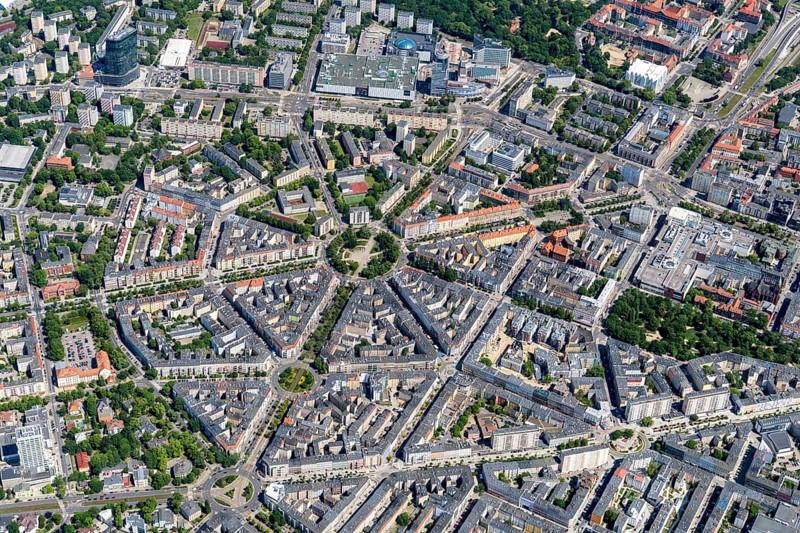 Szczecin, Centrum, roundabout, Plac Grunwaldzki, Pomerania, centre, Szczecin, Pomeranian Voivodeship, voivodeship, West Pomerania, Poland aerial view, traffic, road, star