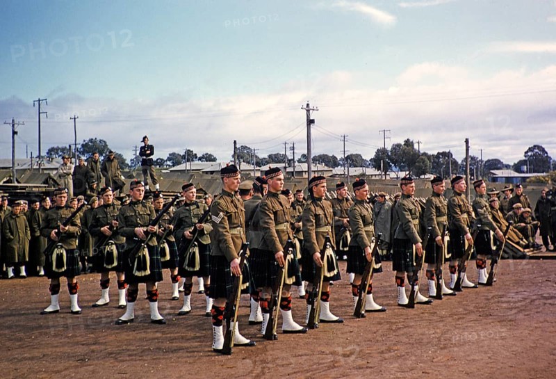 Army cadets at a military training camp, Seymour Camp, Victoria, Australia 1956 Boys wearing Scottish uniforms with kilts