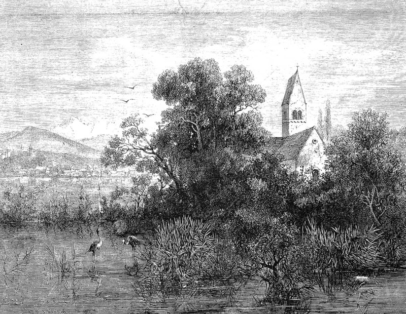 View of Lake Zurich, Lake Zurich, the island of Ufenau, where Ulrich von Hutten's grave is located, the former parish church of St. Peter and Paul, built in 1141, 1869, Switzerland, Historic, digitally restored reproduction of a 19th century original, exact original date unknown