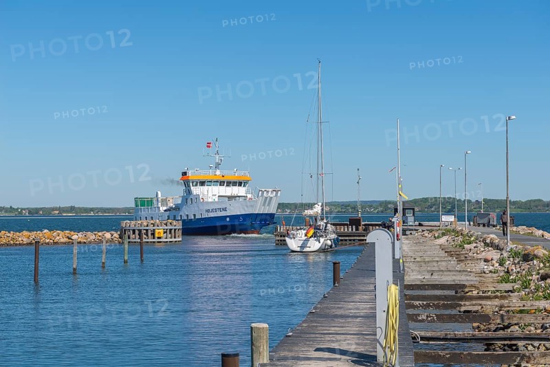 Small harbour on the island of Skarø, Skaroe, arrival of the car and passenger ferry from Svendborg, Danish South Sea, Sydfyn, South Funen, Denmark