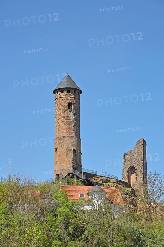 Round red tower of the castle built in the 11th century, spring, Kirkel, Bliesgau, Saarland, Germany