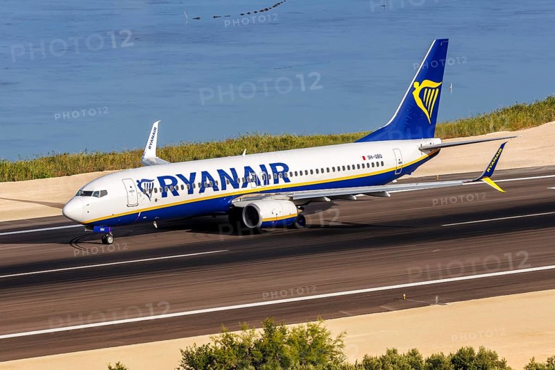 A Ryanair Boeing 737-800 aircraft with registration 9H-QBQ at Corfu Airport, Greece