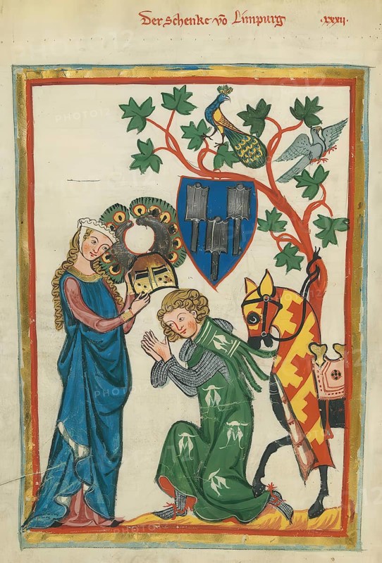 Schenk Konrad von Limpurg in the Manesse-Liederhandschrift, Schenk Konrad von Limpurg (born in front of 1249, probably at Limpurg Castle near Schwäbisch Hall, died after 1286, probably at Bielriet Castle near Schwäbisch Hall) was a German minnesinger, reproduction from an original of the time, historical, digitally enhanced