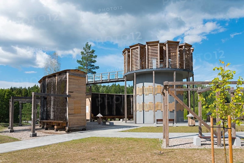 Modern wooden construction with round tower and evaporation walls, surrounded by greenery and clear skies, brine, graduation tower, observation tower, spa town of Milomlyn, Milomlyn, Lviv, Warmia-Masuria, Poland