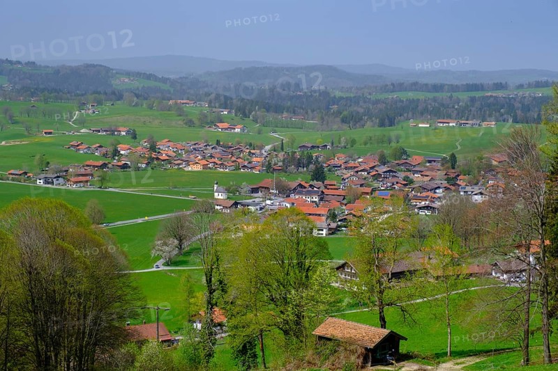 View of the Leitzach Valley from the Schwarzenberg near Hundham, Leitzach Valley, Upper Bavaria, Bavaria, Germany
