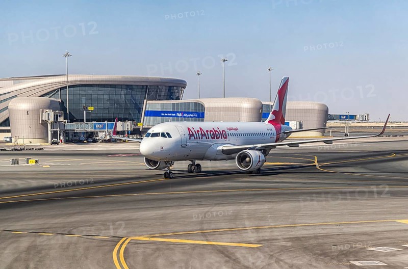 Air Arabia aircraft at Abu Dhabi Airport, Zayed International Airport with Terminal A. It has a capacity of 45 million passengers per year.Abu Dhabi, United Arab Emirates, UAE