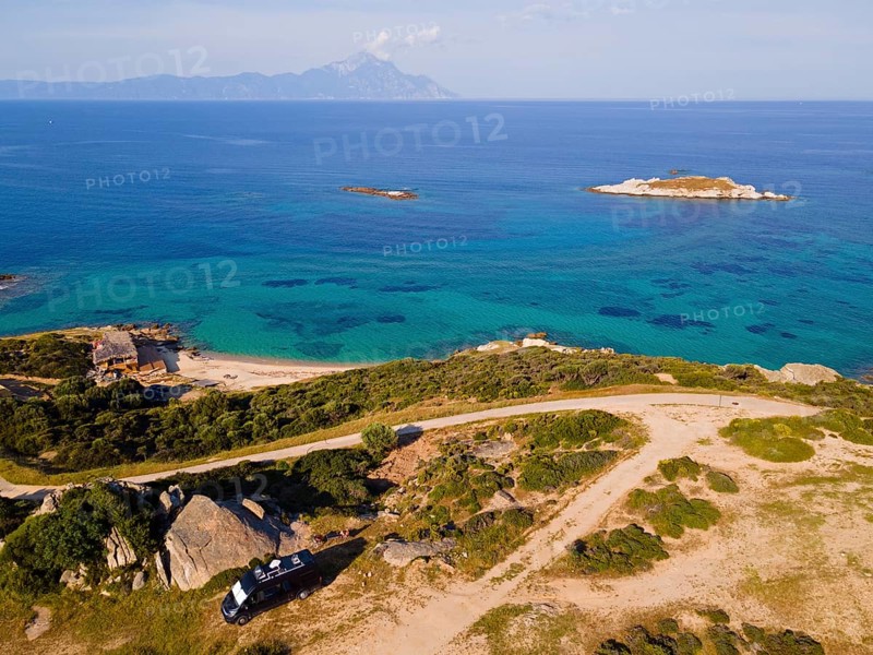Aerial view, view of Mount Athos, Orthodox monastic republic with autonomous status under Greek sovereignty, taken from Kriaritsi, Sithonia, Chalkidiki, Central Macedonia, Greece