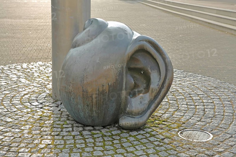 Sculpture Auricle by Gernot Rumpf 1992, bronze sculpture, modern art, abstract art, symbol, hear, listen, receive, communication, perception, interaction, ear, snail figure, art landscape campus, university, Bretzenheim, Mainz, Rhine-Hesse region, Rhineland-Palatinate, Germany