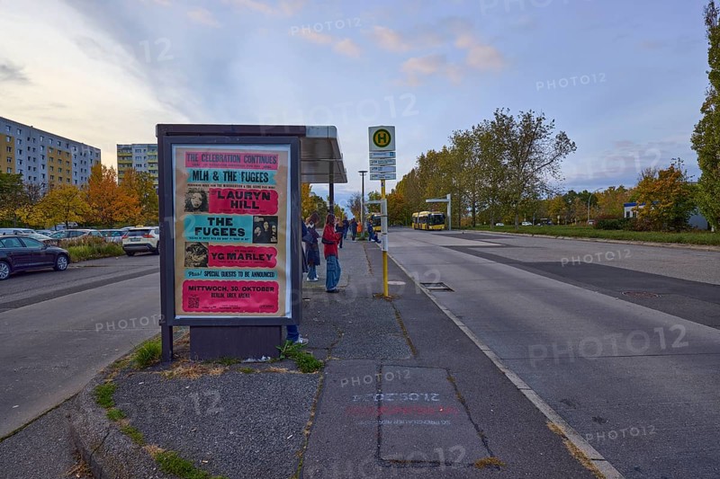Bus stop Michelangelostraße at sunset, district Prenzlauer Berg, Berlin, capital city, independent city, federal state Berlin, Germany