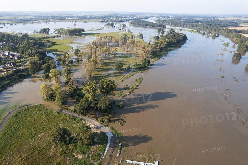 Drone view of river Odra in Poland during flood 2024