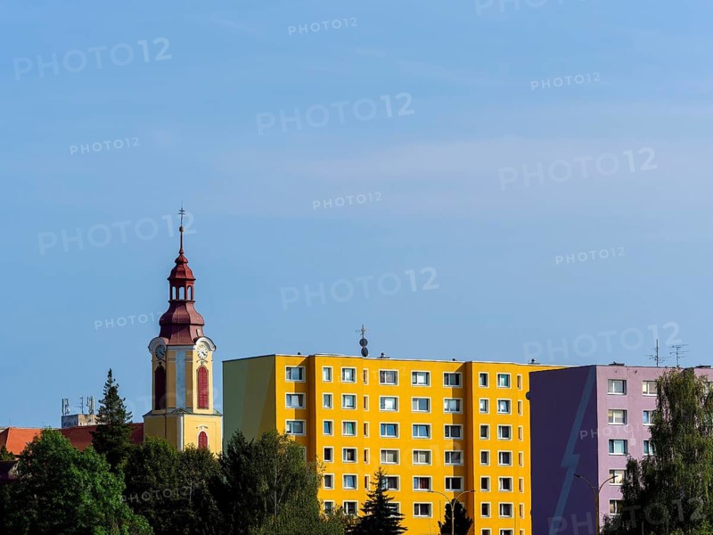 Old church and socialist prefabricated buildings, Stráž pod Ralskem, Czech Republic