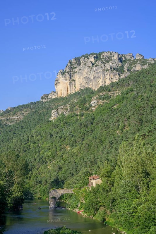 View of Tarn river with old bridge, Le Rozier, Département Lozère, France