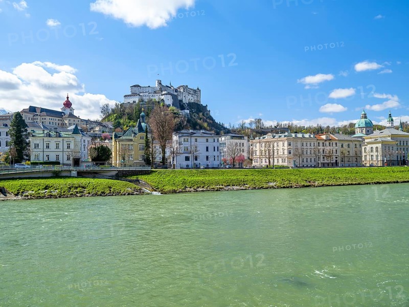 Old town of Salzburg with fortress Hohen Salzburg, Salzach, blue sky, spring, Salzburg city, Salzburg, Austria