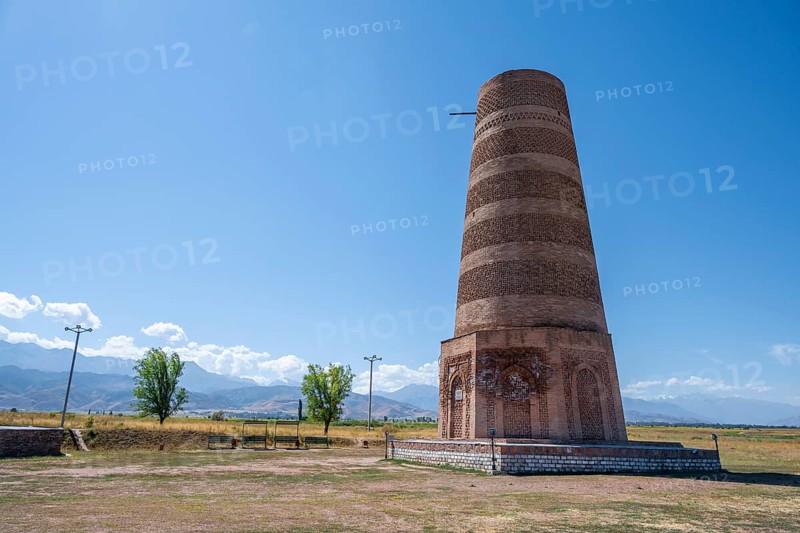 Burana Tower, remains of Karakhanid Minaret, histroic ancient city of Balasagun on the Silk Road, Balbals, historic tombstones in the shape of human faces, near Tokmok, Chuy, Kyrgyzstan