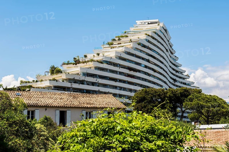 High-rise flat blocks by the sea, Marina Baie des Anges, Villeneuve-Loubet, Provence Alpes Côte d'Azur, South of France, France