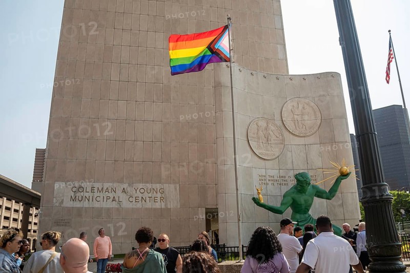 Detroit, Michigan USA, 2 June 2025, The Pride flag flies in Spirit Plaza, outside Detroit's Municipal Center, after a flag raising ceremony joined by Mayor Mike Duggan. The event was the beginning of LGBTQ Pride Month celebrations in the city