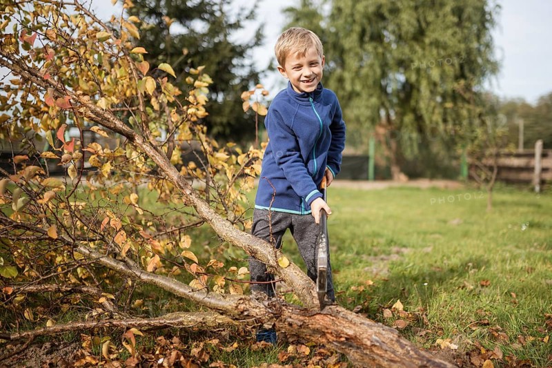 Seven year old smiling boy chopping a tree with an ax in the garden