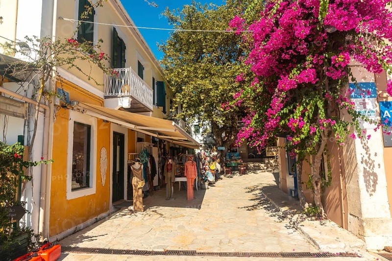 Lovely architecture in the port of Fiskardo village on Kefalonia island, Greece
