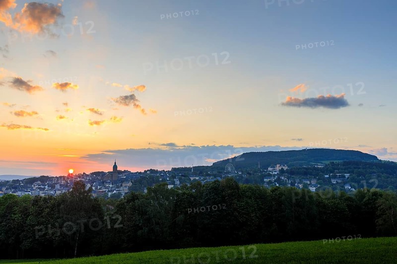 Sunrise over Annaberg-Buchholz and Pöhlberg, Erzgebirge, Saxony, Germany