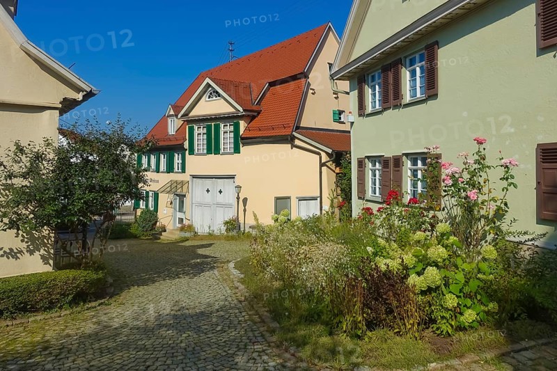 On the right Paul Jauch House, museum, exhibition building, memorial site, on the left at the back local history museum, Eningen unter Achalm, Baden-Württemberg, Germany