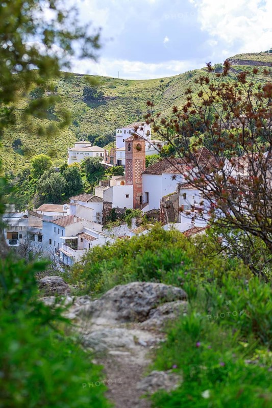 Idyllic village of Salares on the Sierra Tejeda with church in front of lush green hills and traditional white houses, Salares, Malaga, Spain