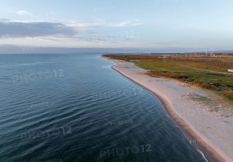 Aerial view, landscape at Lake Issyk Kul, Kyrgyzstan