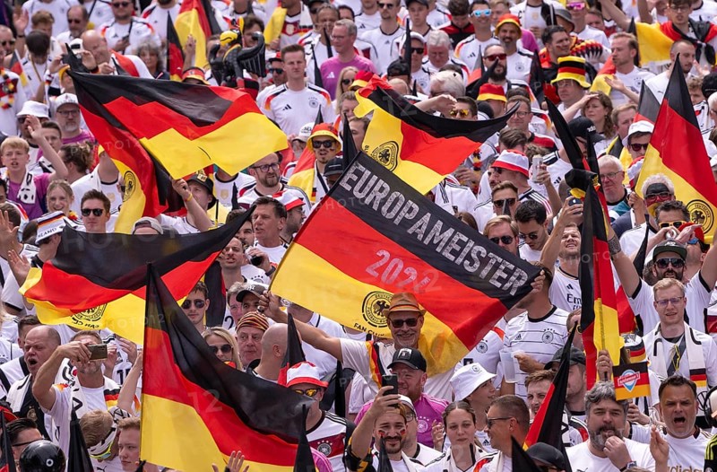 Fan march, German football fans march to the quarter-final Spain versus Germany, UEFA EURO 2024, European Championship, flags, flags, European champions, sea of flags, atmosphere, atmospheric, fan club DFB, German Football Association, B14, Cannstatter Straße, Stuttgart, Baden-Württemberg, Germany