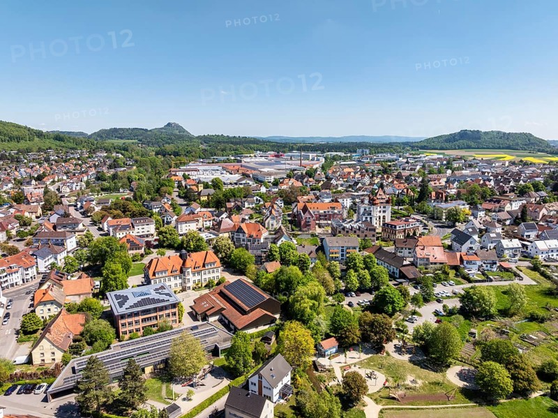 Aerial view of the municipality of Gottmadingen in Hegau, on the horizon the Hegau volcano Hohentwiel, district of Constance, Baden-Württemberg, Germany