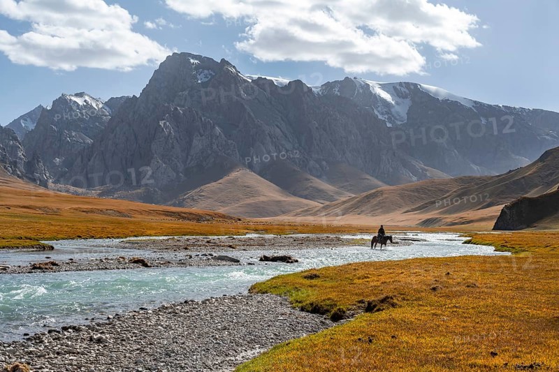 Rider riding through river in front of mountain landscape with yellow meadows, mountain peaks, Keltan Mountains, Sary Beles Mountains, Tien Shan, Naryn Province, Kyrgyzstan
