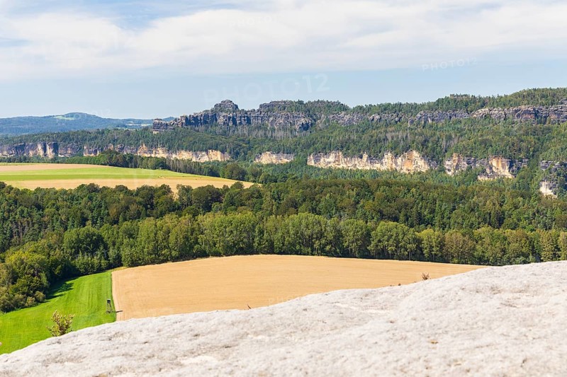 On the Kaiserkrone with panoramic view, in the background the Schrammsteine, Reinhardtsdorf-Schöna, Saxon Switzerland, Saxony, Germany