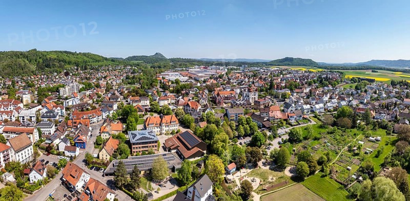 Aerial view, panorama, view of the municipality of Gottmadingen in Hegau, on the horizon the Hegau volcano Hohentwiel, district of Constance, Baden-Württemberg, Germany