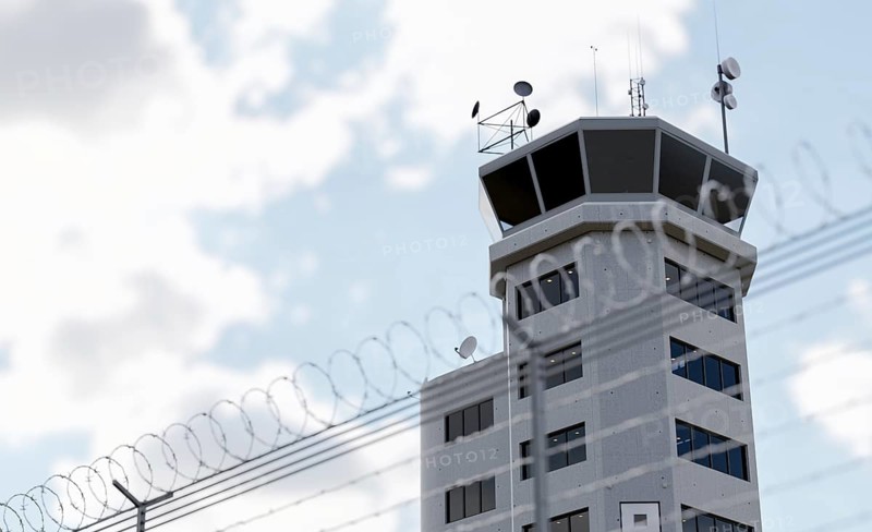 Air traffic control tower behind barbed wire fence