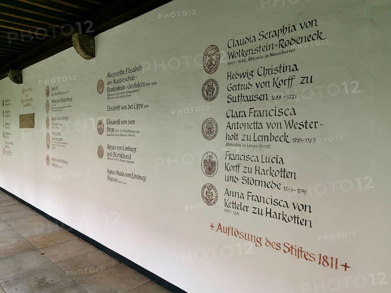 Commemorative plaque of the abbesses, St. Boniface, a former free-world ladies' convent with a collegiate church in Freckenhorst, Warendorf district, North Rhine-Westphalia, Germany