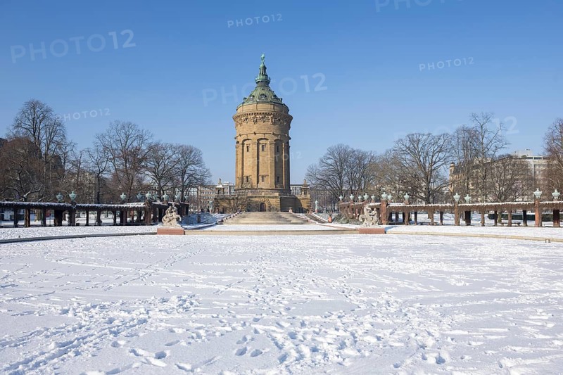 Historic water tower of Mannheim at Friedrichsplatz in winter, snow, Baden-Württemberg, Germany