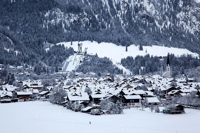 Winter, snowy landscape, view of Oberstdorf, behind ORLEN Arena, ski jumping arena, Oberallgäu, Allgäu, Bavaria, Germany