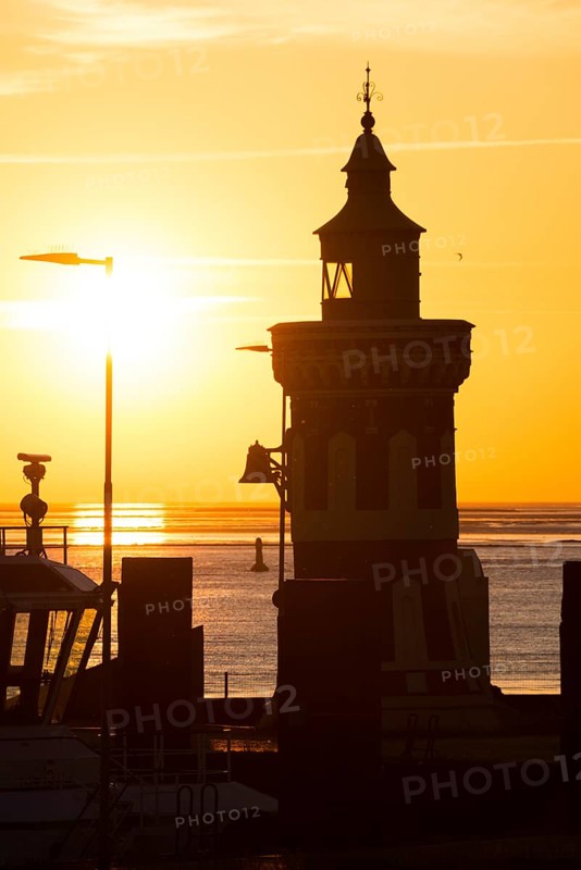 Pingelturm, historic lighthouse in the harbour, picturesque, golden, beautiful sunset, silhouette in front of the calm sea and the warm light of the sky, tern (Sterna) flying in front of the sky in bright orange, in the background the island Langlütjen II, twilight, evening, dusk, maritime, calm atmosphere, mouth of the Weser into the North Sea, Outer Weser, coast, Bremerhaven, Land Bremen, Germany